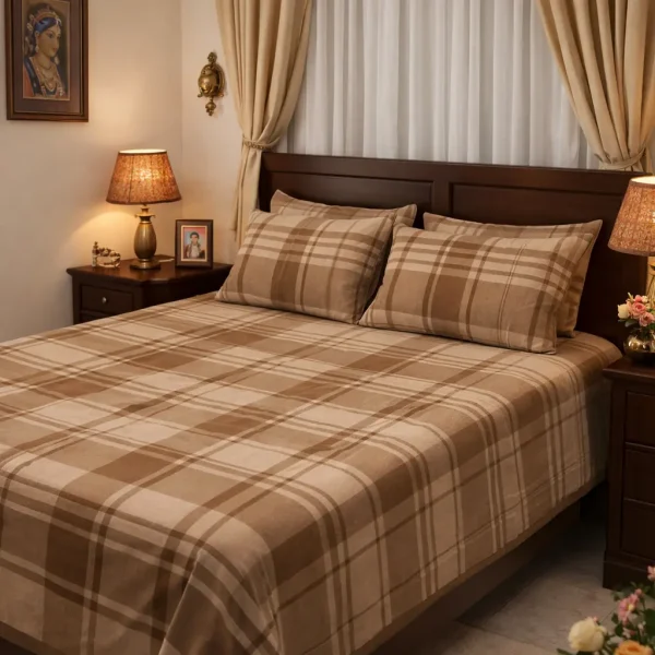 Komfort Kollections Solace King Size Bedsheet Set (Brown, Checks) | 1 Bedsheet + 2 Pillow Covers | From the House of Kurlon